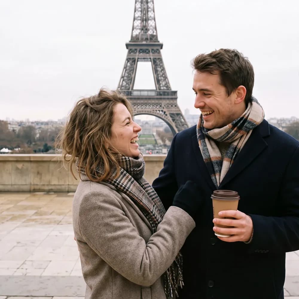 A couple talking on a stone terrace on a grey afternoon