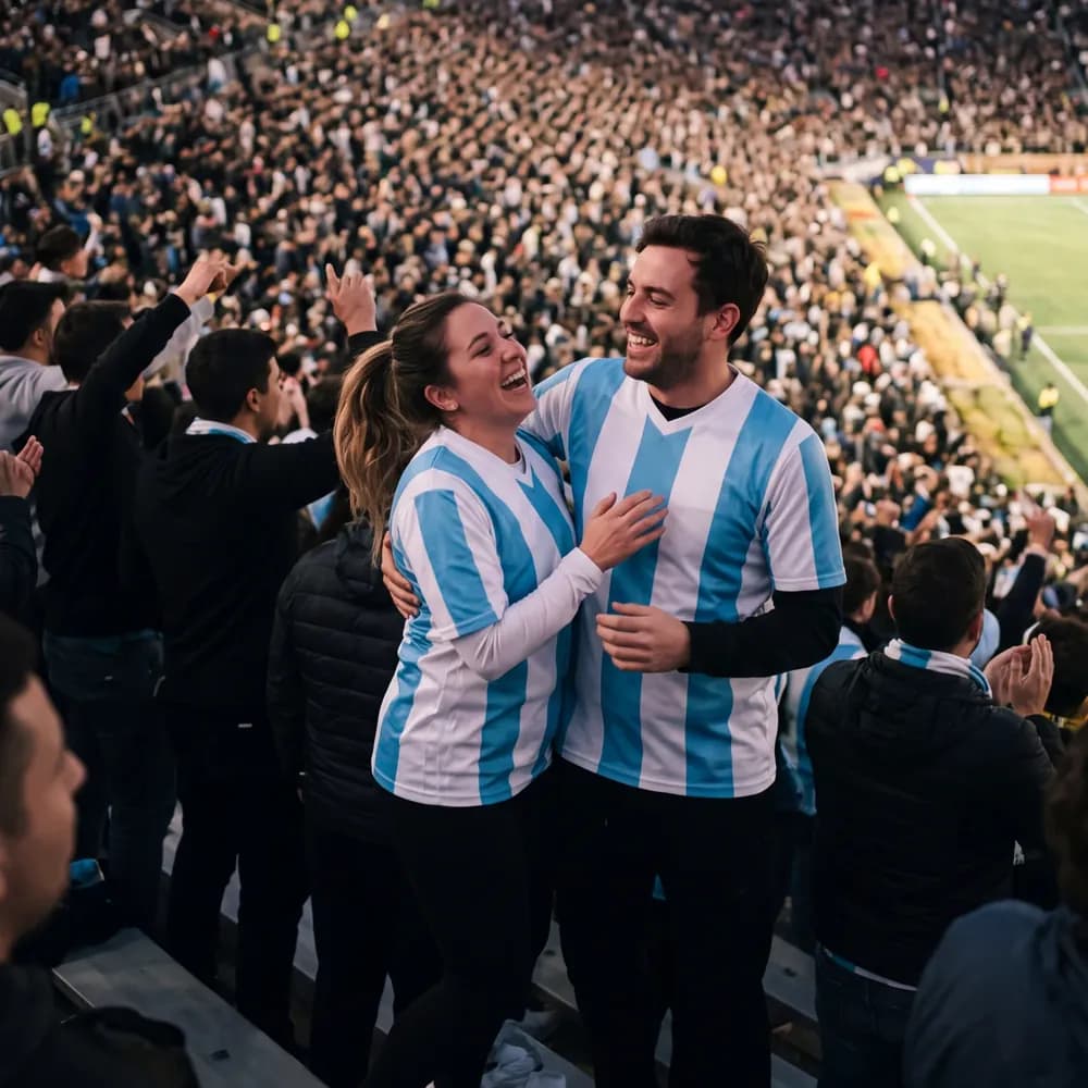 A couple celebrating in a packed stadium